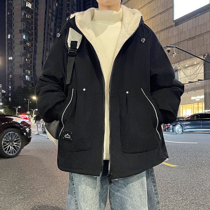 Herren Oversize Kapuzenjacke mit Teddyfutter, Zwei-Wege-Reißverschluss und Utility-Taschen Drune
