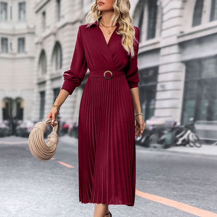 Damen Plissiertes Wickel-Midikleid mit Hemdkragen, Taillengürtel und langen Manschettenärmeln Drune
