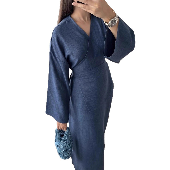 Damen Wickelmaxikleid in Leinenoptik mit Kimonoärmeln und Taillenbund Drune