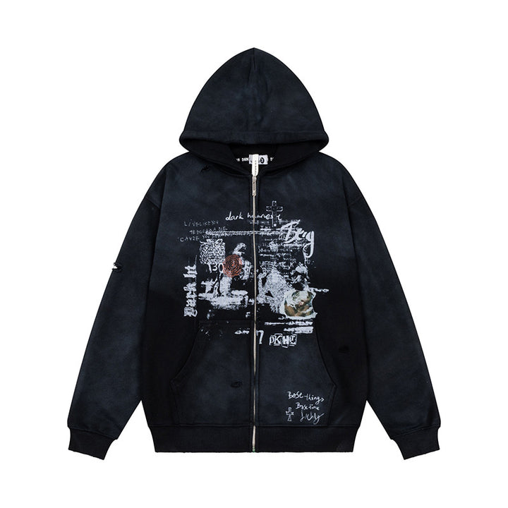 Unisex Oversize Kapuzenjacke mit Reißverschluss, Used‑Effekt, Vintage‑Print und Kängurutaschen Drune