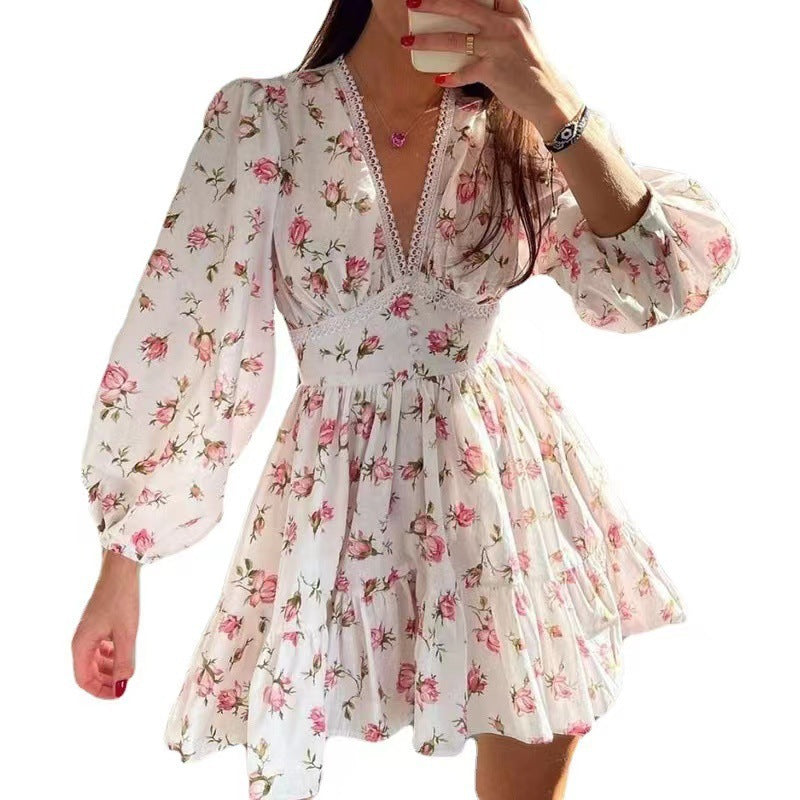 Damen Boho-florales Minikleid mit V-Ausschnitt und Puffärmeln Drune