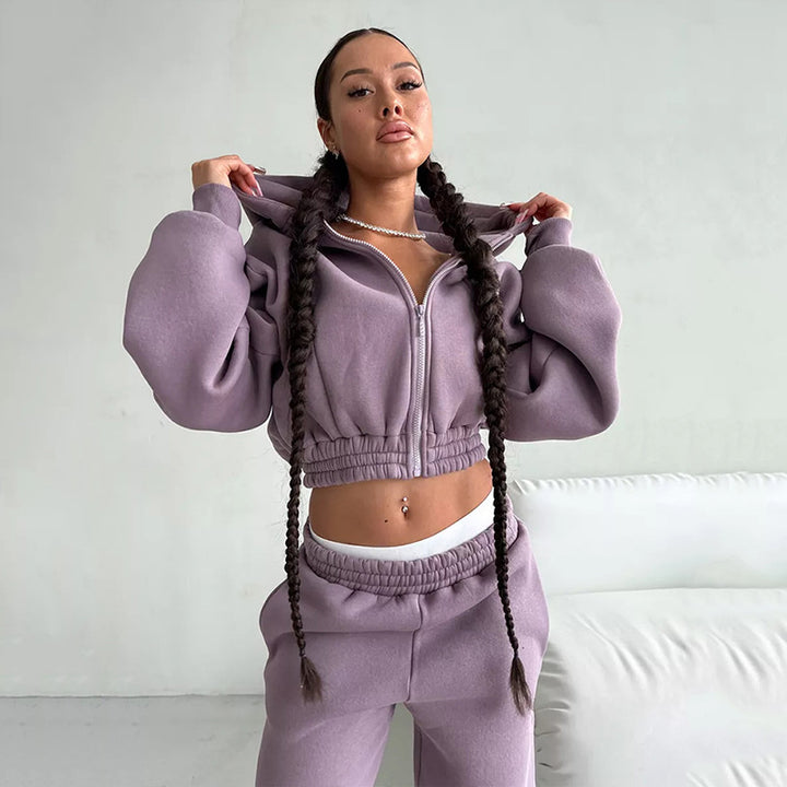 Damen Cropped‑Zip‑Hoodie mit Ballonärmeln und hochgeschnittener Jogginghose mit gerafftem Taillenbund Drune