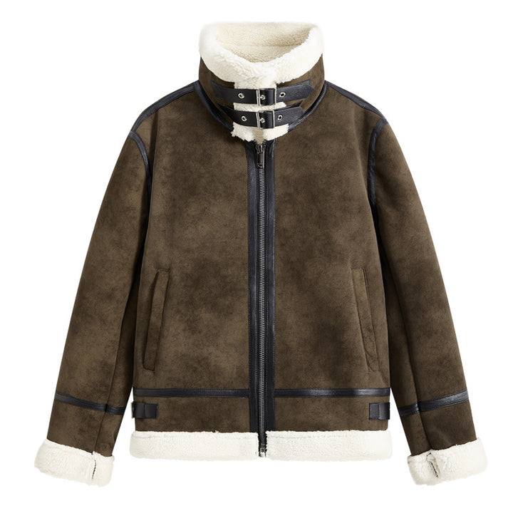 Herren Lammfellimitat Fliegerjacke mit hohem Kragen und Doppel-Schnallenverschluss Drune