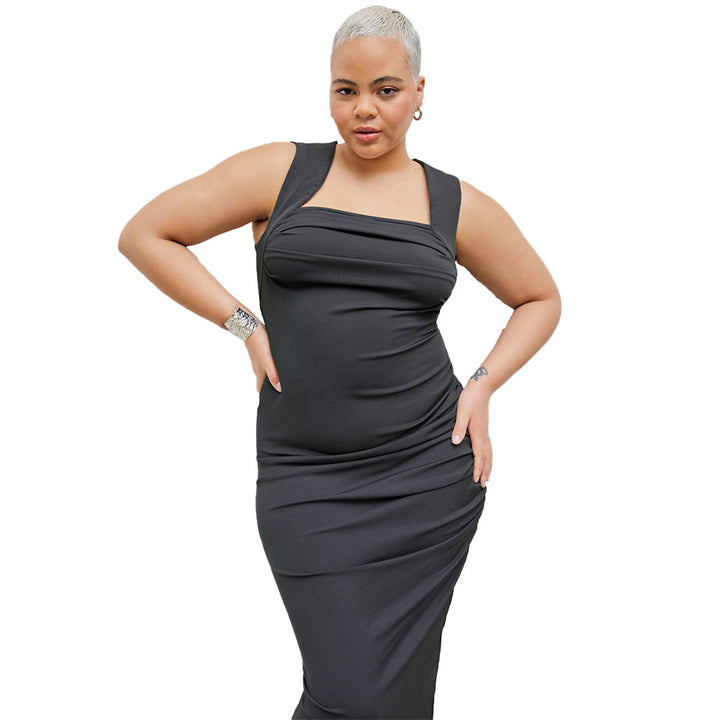 Damen figurbetontes Midikleid mit Quadrat-Ausschnitt und Raffungen Drune
