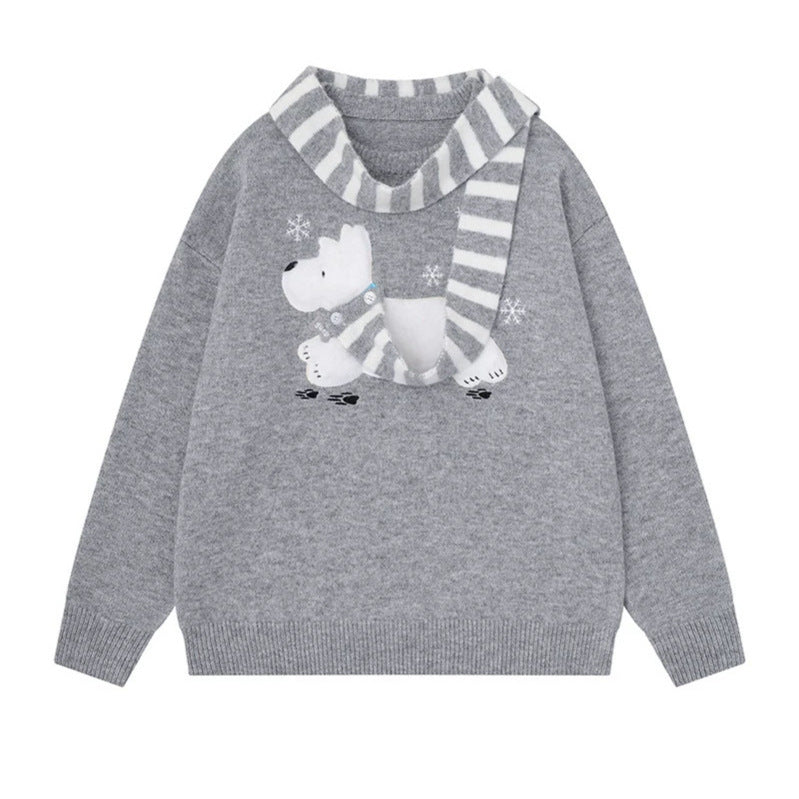 Damen Kuscheliger Strickpullover mit Eisbär-Applikation und eingearbeitetem Streifenschal Drune