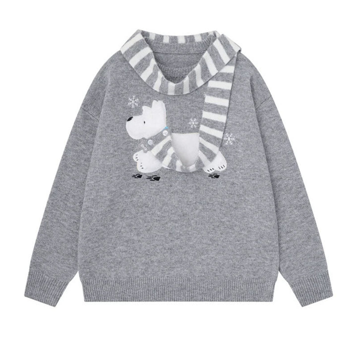 Damen Kuscheliger Strickpullover mit Eisbär-Applikation und eingearbeitetem Streifenschal Drune