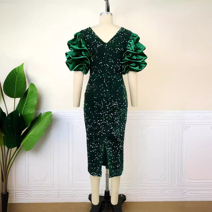Damen Glamouröses Partykleid mit funkelnden Pailletten und voluminösen Ärmel Drune