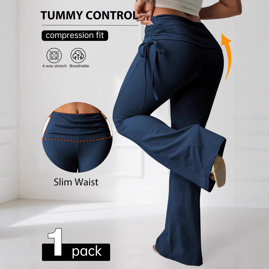 Damen High-Waist Flared-Yogahose mit seitlicher Raffnaht und Kordelzug Drune