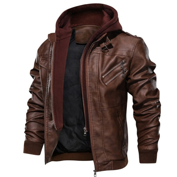 Herren nan Lederjacke mit Kapuze, Vintage-Bikerlook und mehreren Reißverschlusstaschen Drune