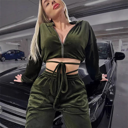 Damen Fleece-Trainingsanzug mit glamourösem cropped Hoodie und Jogginghosen Drune