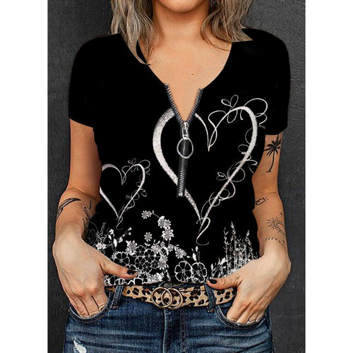 Damen V-Ausschnitt T-Shirt mit floralem Herz-Design und Reißverschluss Drune
