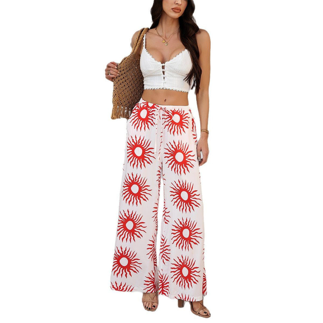 Damen nan weite Palazzo-Hose mit Kordelbund, Eingrifftaschen und mediterranem Kachelprint Drune