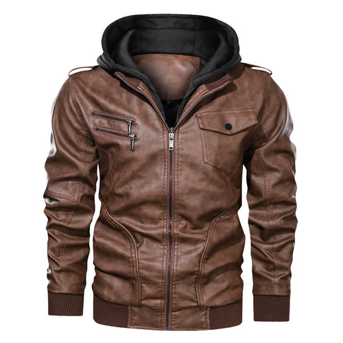 Herren Lederoptik Kapuzenjacke im Bikerstil mit Reißverschlusstaschen und Rippbündchen Drune