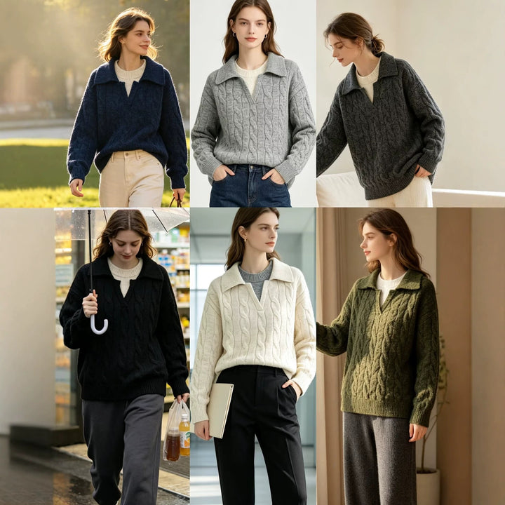 Damen Grobgestrickter Zopfstrick-Pullover mit Hemdkragen und integriertem Rippkragen Drune