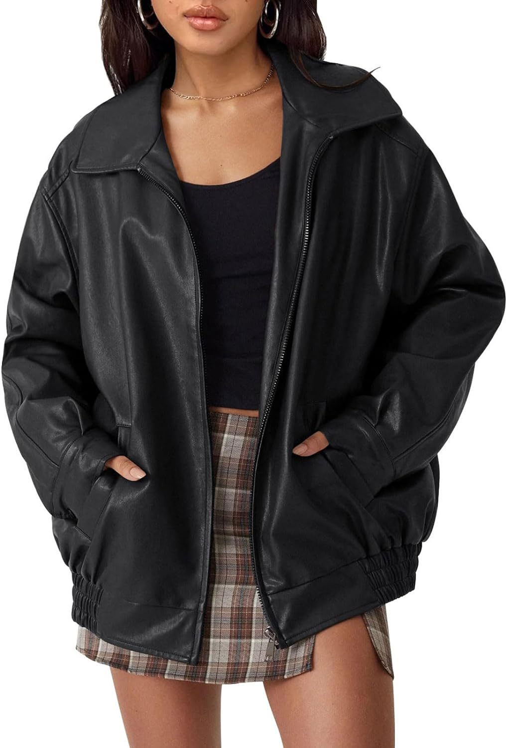Damen lässige Kunstlederjacke mit weitem Schnitt und praktischen Taschen Drune