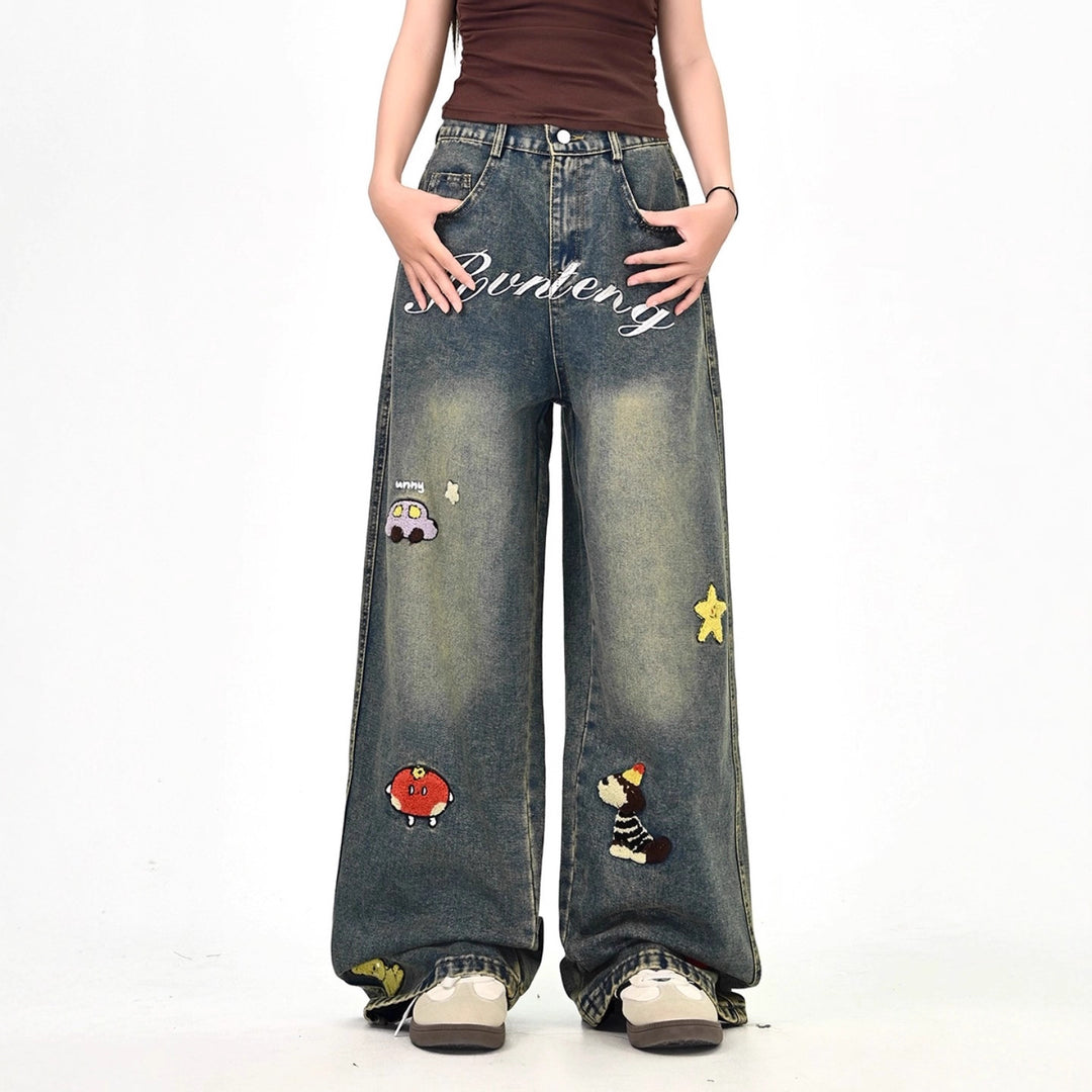 Damen Weitgeschnittene Kostümjeans mit buntem Stickdesign Drune