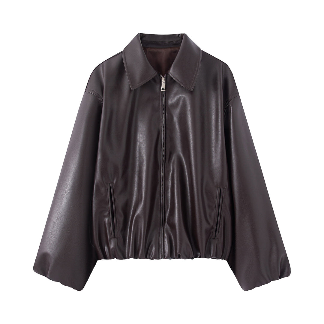 Damen nan kastiger Oversized Kunstlederblouson mit Hemdkragen, verdecktem Reißverschluss, verdeckten Leisten- taschen und elastischem Saum Drune