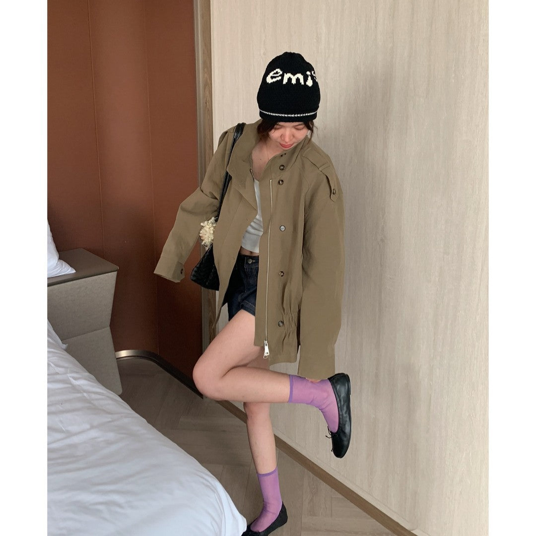 Damen Kurzjacke mit Kordelzug‑Taille, Oversize‑Ärmeln und verdeckter Reißverschluss Drune