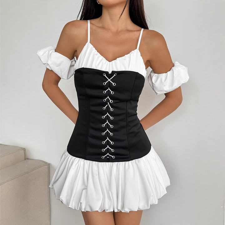 Damen Rüschenkleid mit Schnürung und abnehmbaren Trägern Drune