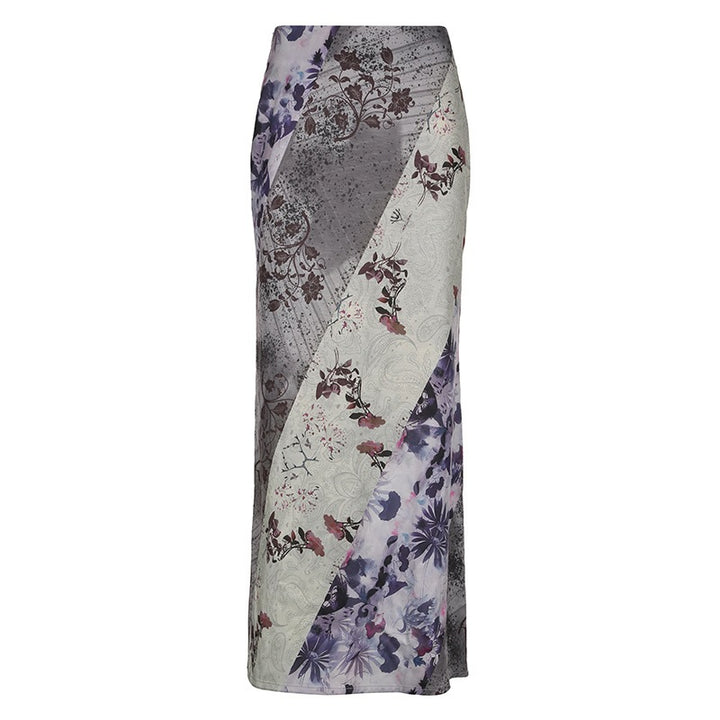 Damen Langer Maxirock mit diagonalen Patchwork-Prints und schlanker A-Linie Drune