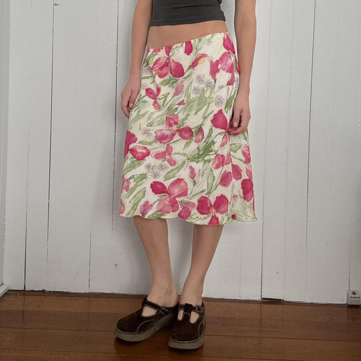 Damen nan ausgestellter Midirock mit floralem Aquarelldruck und hoher Taille Drune