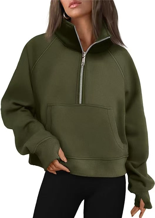 Damen nan oversized Halbzip Pullover mit Kängurutasche, Daumenlöchern und hohem Kragen Drune