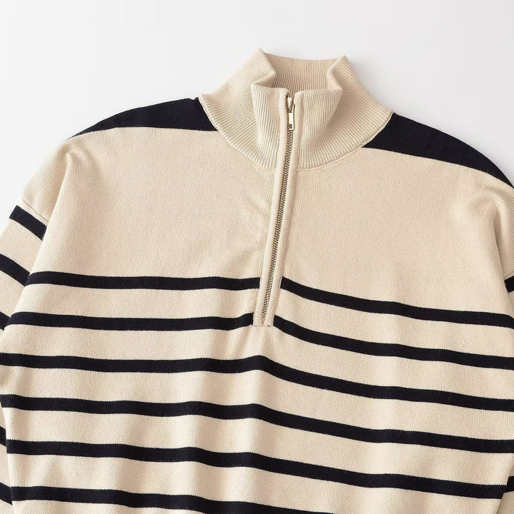 Damen Gestreifter Grobstrickpullover mit halbem Reißverschluss Drune