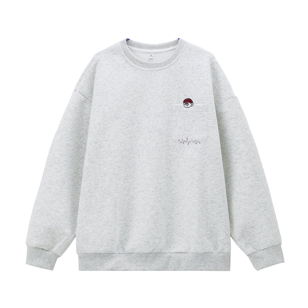 Unisex Oversize-Sweatshirt mit Brusttasche, Cartoon-Stickerei und Herzschlag-Detail Drune