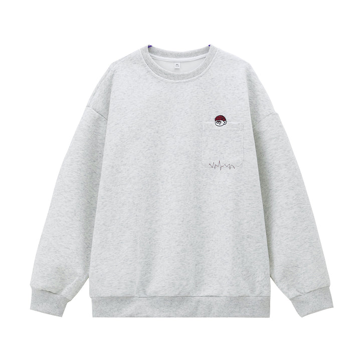 Unisex Oversize-Sweatshirt mit Brusttasche, Cartoon-Stickerei und Herzschlag-Detail Drune