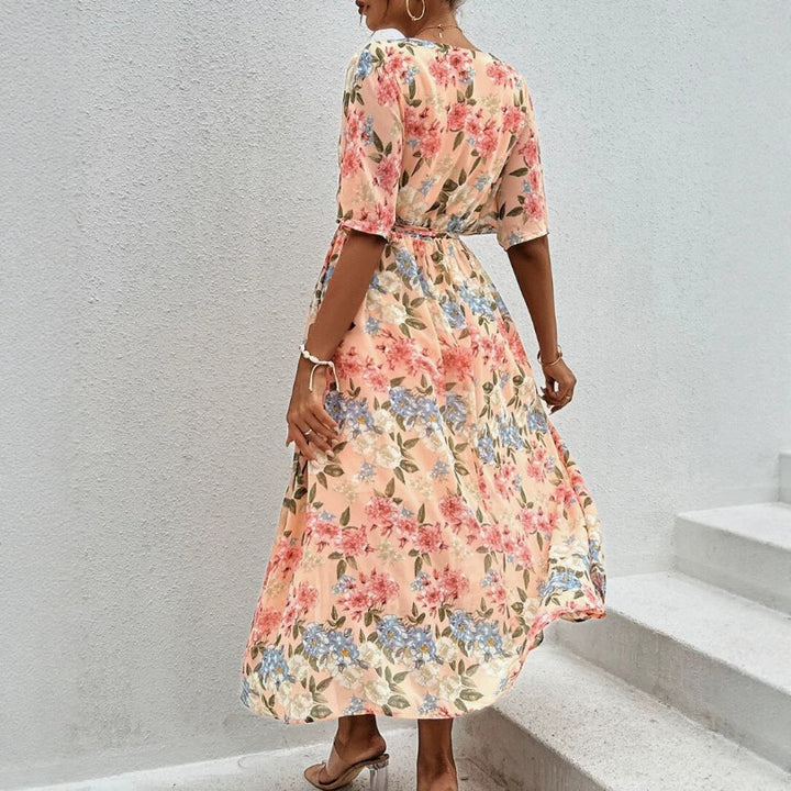 Damen nan florales V-Ausschnitt-Bindekleid mit tailliertem Gürtel und seitlichem Beinschlitz Drune
