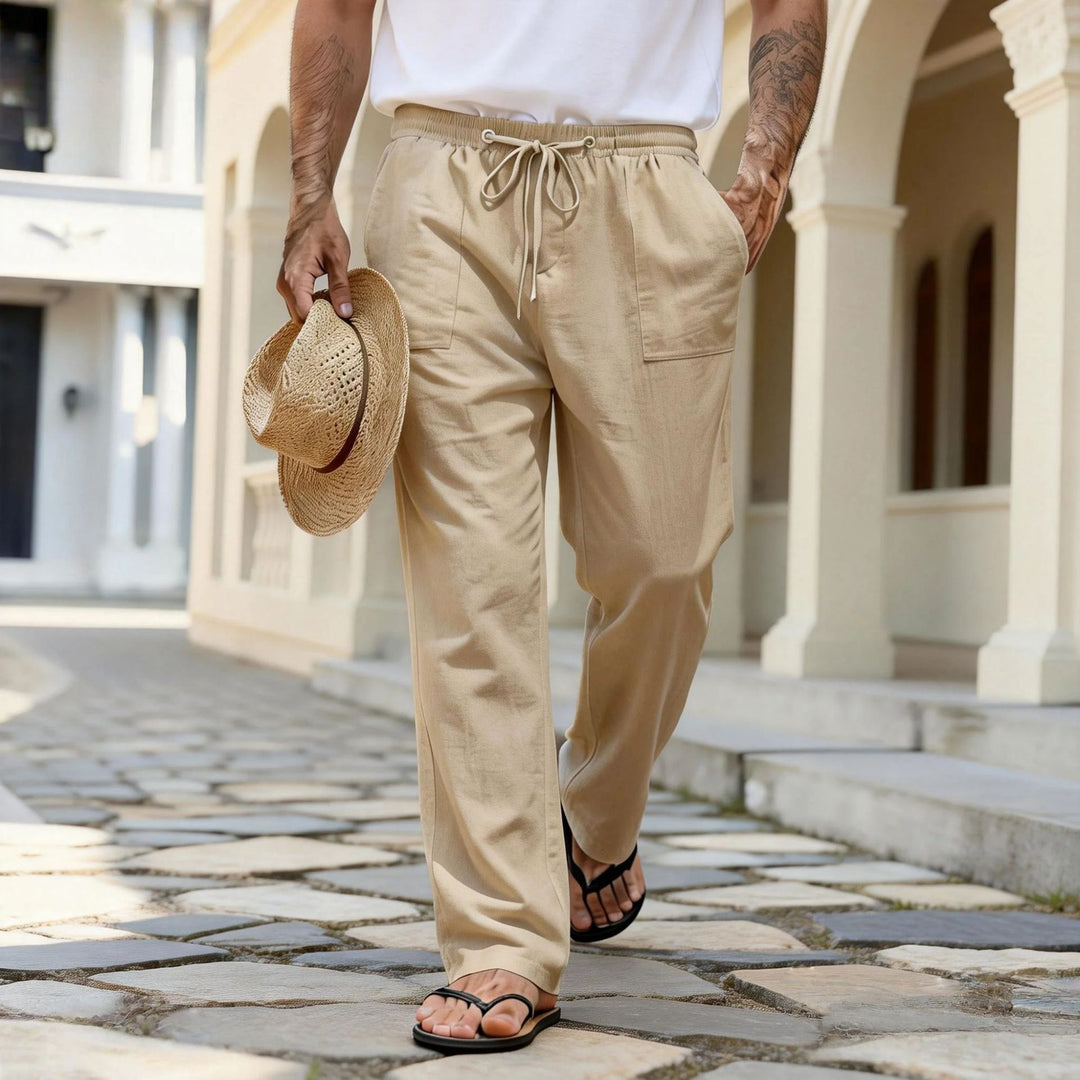 Herren leichte Leinenhose mit elastischem Bund und Kordelzug Drune