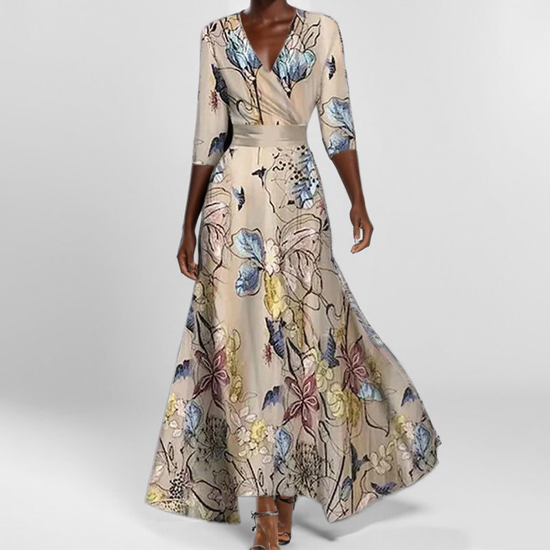 Damen Maxikleid mit Wickeloberteil, Taillengürtel und fließendem Satinrock Drune