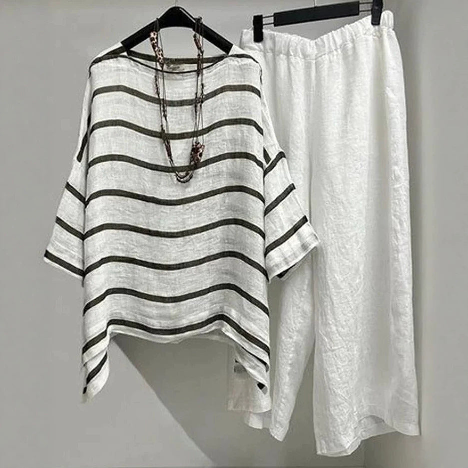Damen nan lässiges Leinen-Set mit asymmetrischer Streifenbluse und weiter Elastikbund-Hose Drune