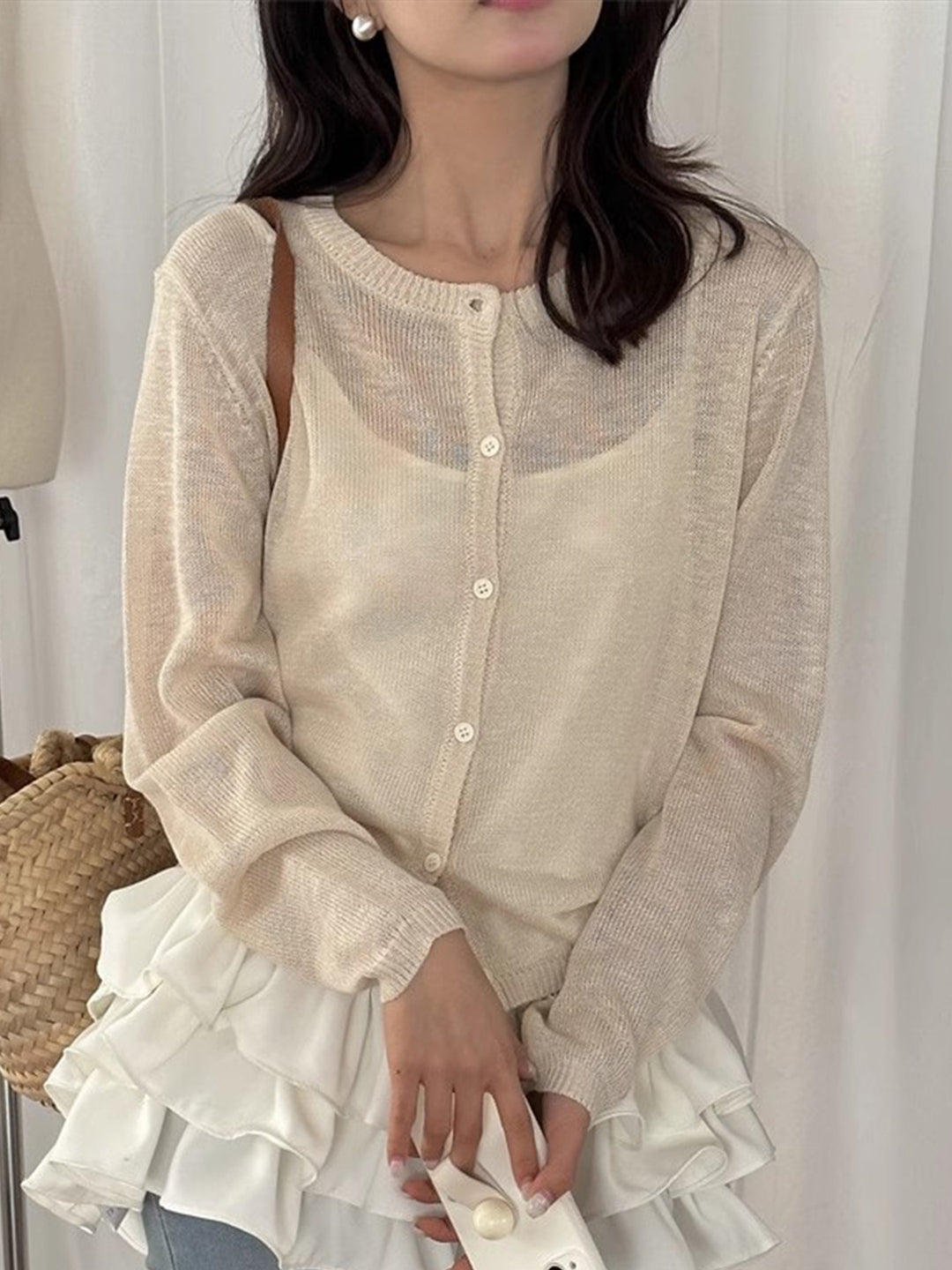 Damen leichte Strickjacke mit zarter Transparenz Drune