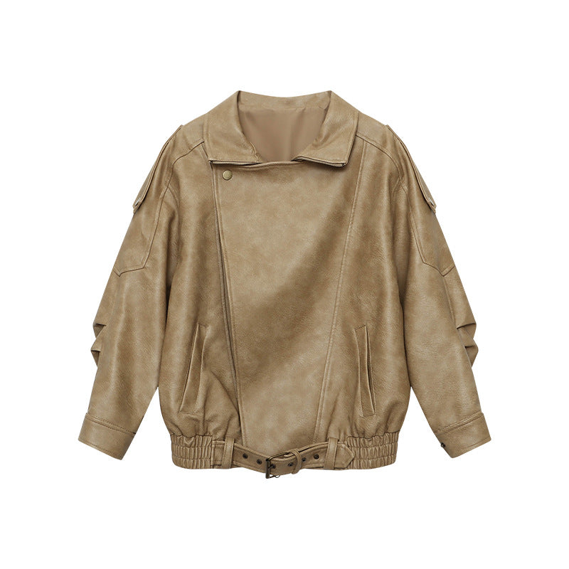 Damen lässige Motorradjacke im Oversized-Stil mit dekorativen Knopfdetails und hohem Kragen Drune