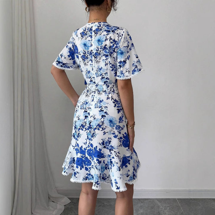 Damen florales Wickelkleid mit Rüschendetails und Taillengürtel Drune