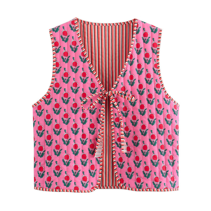 Damen Patchwork-Weste mit Bindeband und V-Ausschnitt Drune