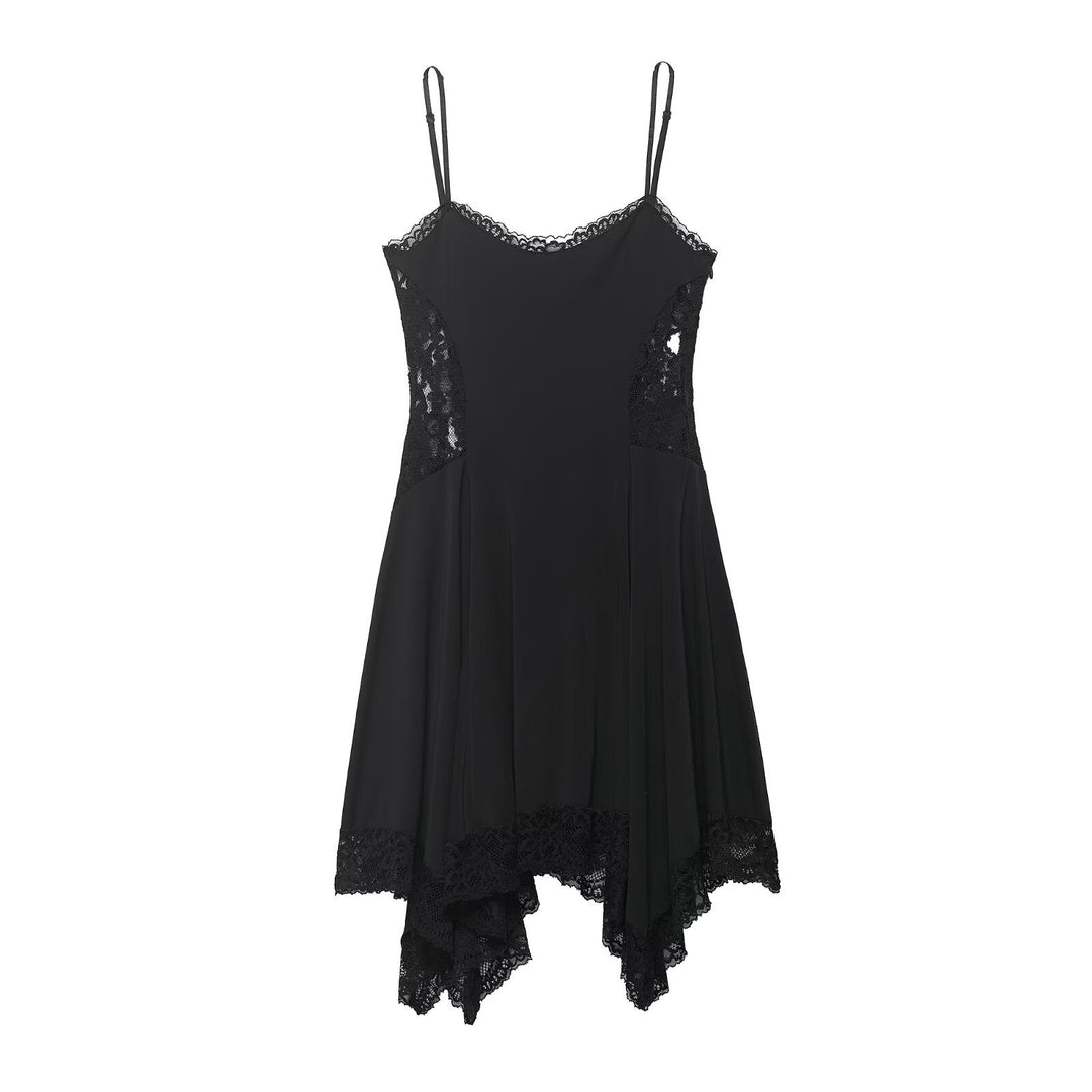 Damen Spitzen- und Satin-Kleid mit asymmetrischem Saum und verstellbaren Trägern Drune