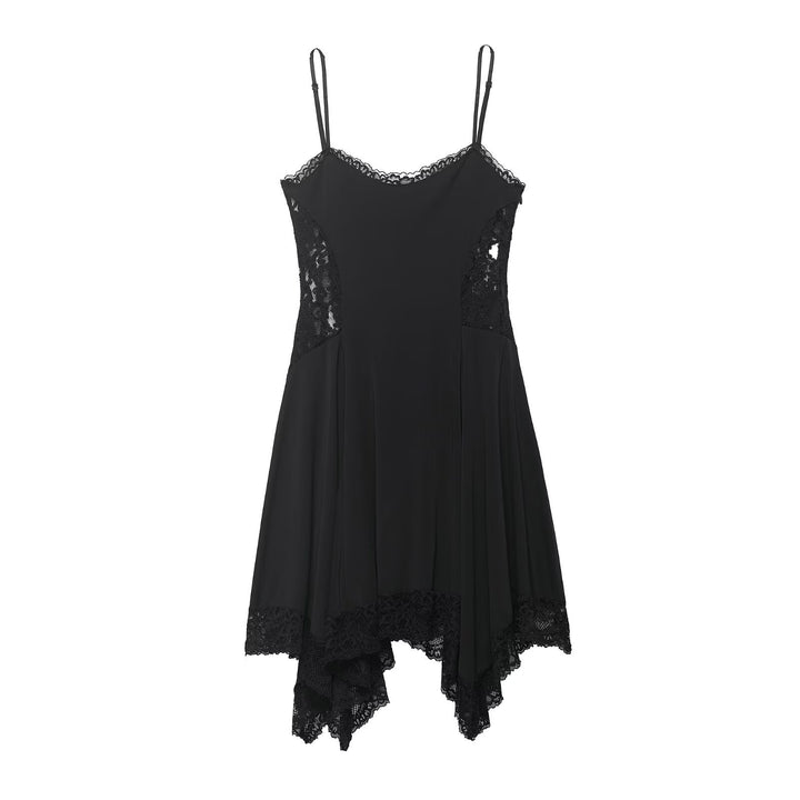 Damen Spitzen- und Satin-Kleid mit asymmetrischem Saum und verstellbaren Trägern Drune