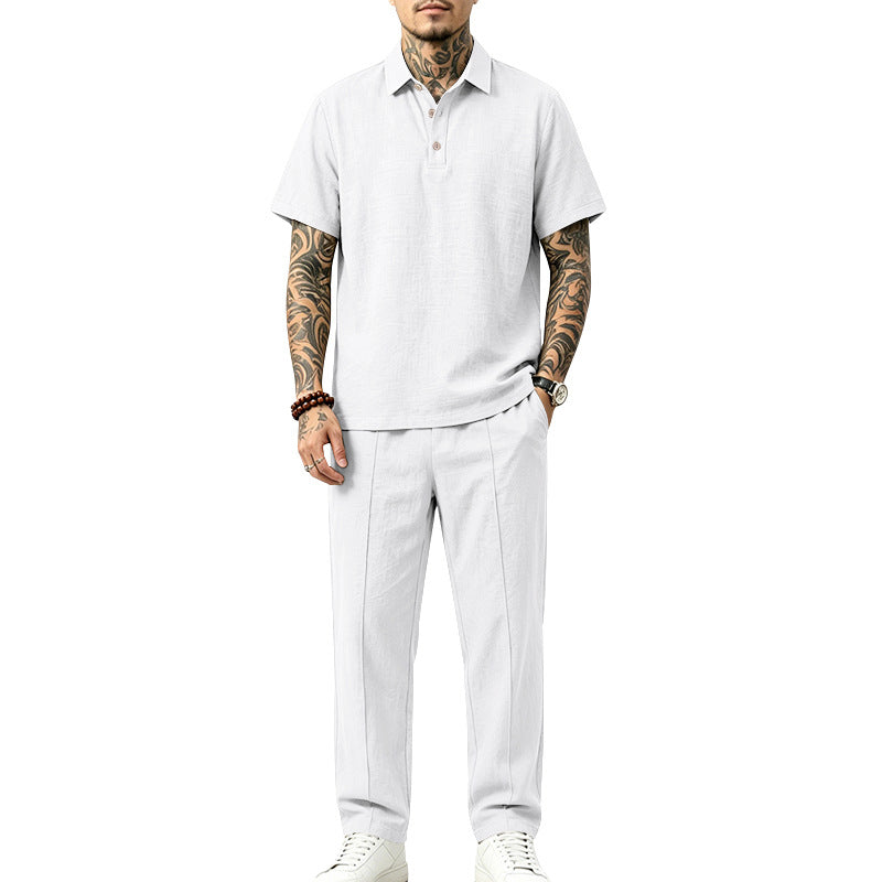 Herren Polo-Lounge-Set aus leichter Leinenmischung mit Kurzarm-Polo und gerader Bundfaltenhose Drune