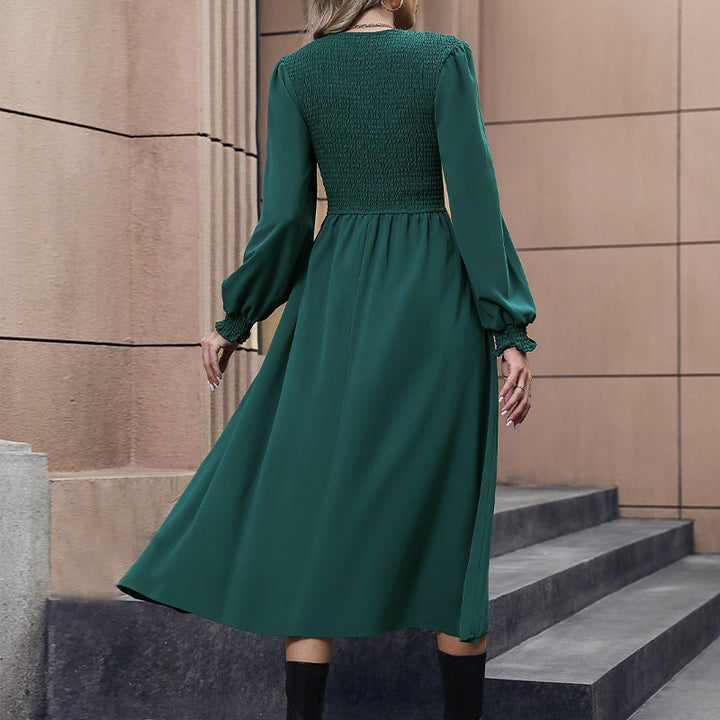Damen Midikleid mit Smokoberteil, langen Ballonärmeln und ausgestelltem Rock Drune