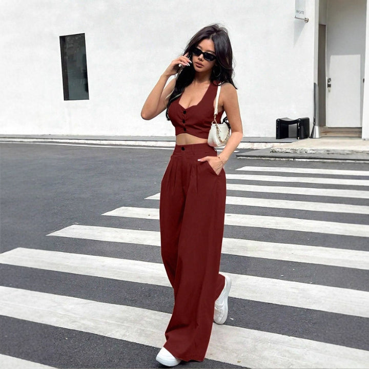 Damen Zweiteiliges Set mit tailliertem Top und weiten Hosen Drune