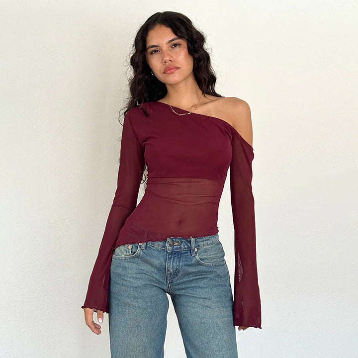 Damen asymmetrisches Langarmshirt mit transparenten Ärmeln und figurbetonter Silhouette Drune