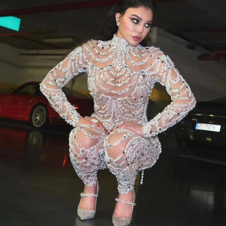 Drune | Figurbetontes durchscheinendes Paillettenkleid Jumpsuit