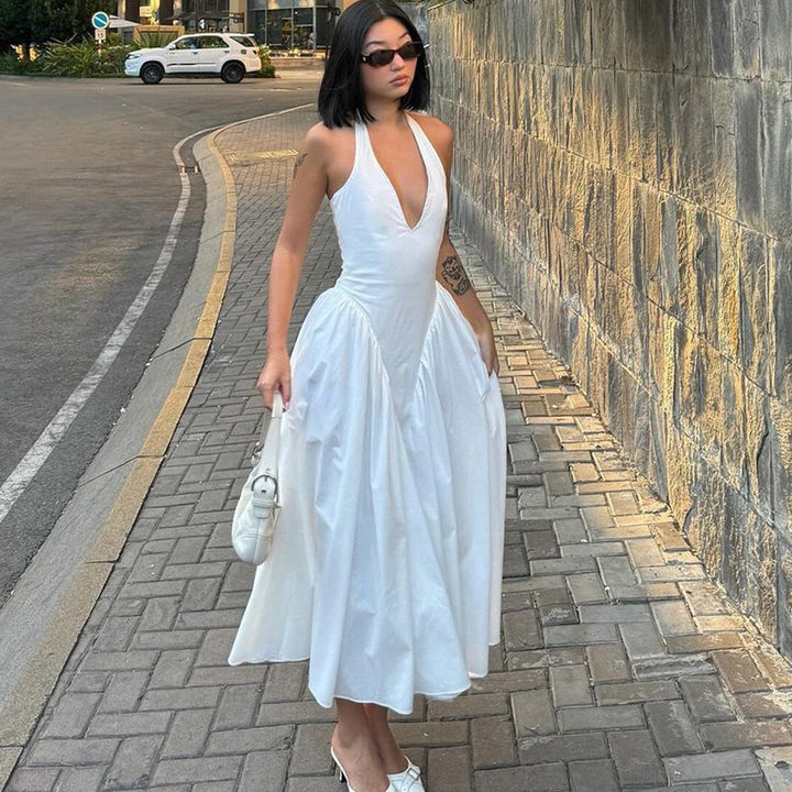 Damen Elegantes Maxikleid mit tiefem V-Ausschnitt und fließendem Rock Drune