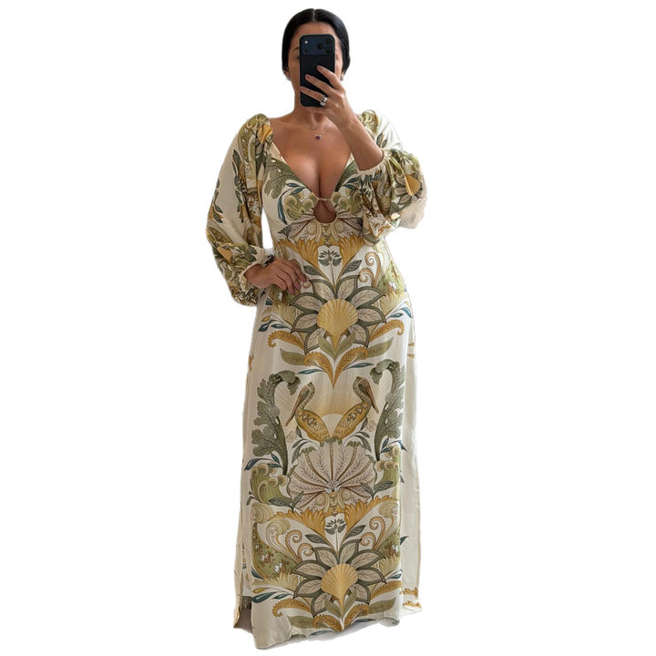 Damen Maxikleid mit kunstvollem Floral-Design und tiefem V-Ausschnitt Drune