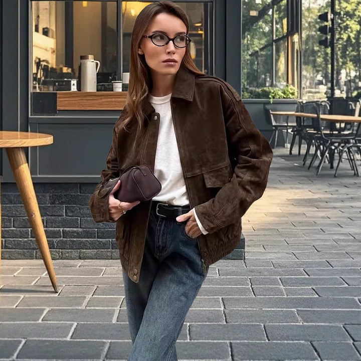 Damen modische Wildlederjacke mit Oversized-Schnitt Drune