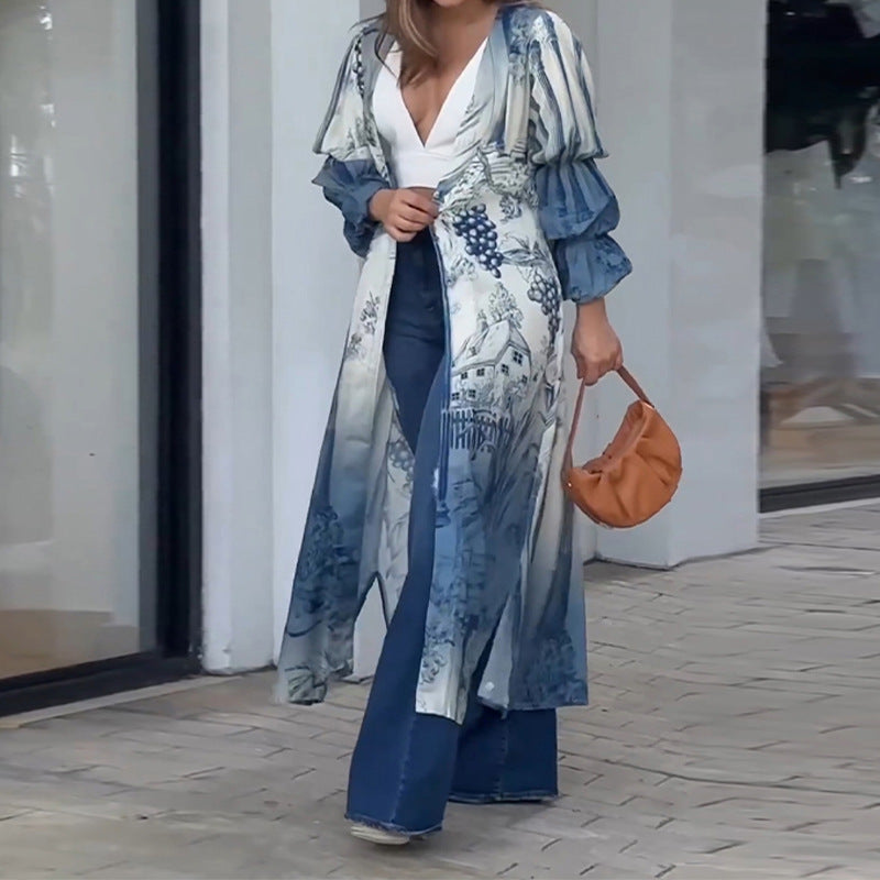 Damen eleganter Longcardigan mit floralen Mustern Drune