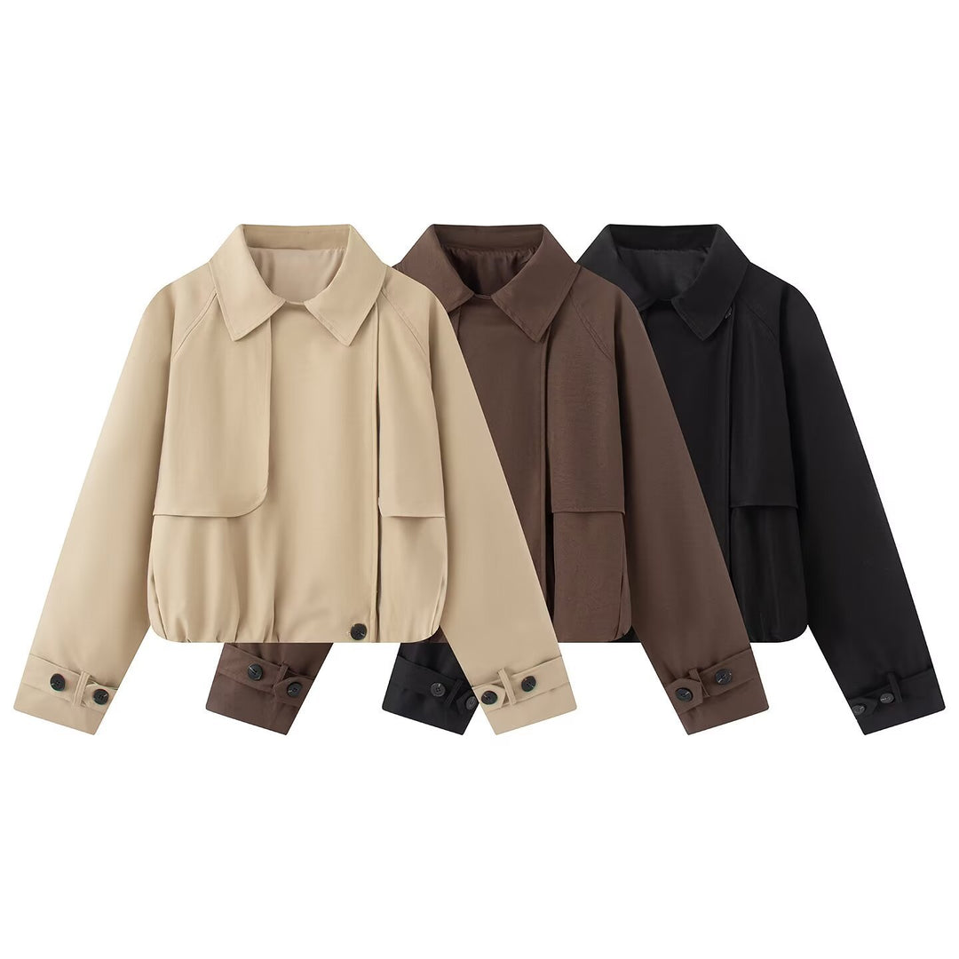 Damen Kurzer Trench-Style Blouson mit verdeckter Knopfleiste und Tunnelzugsaum Drune