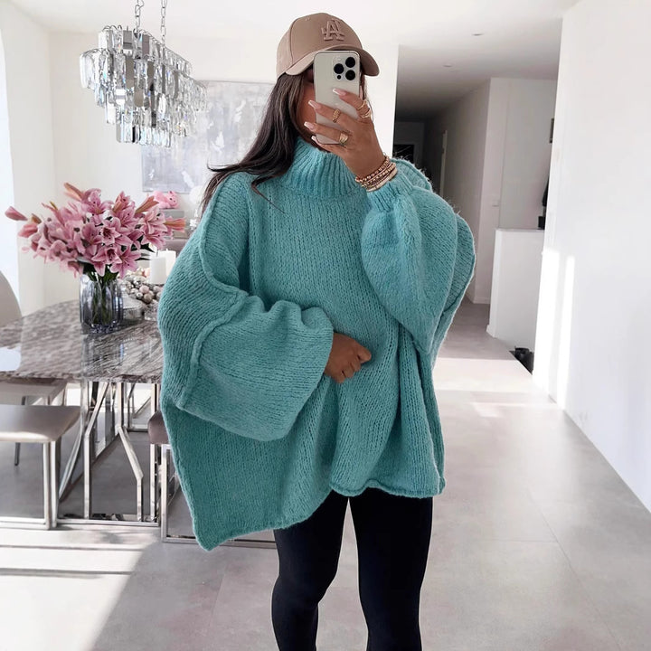 Damen oversized Strickpullover mit hohem Kragen und Ballonärmeln Drune